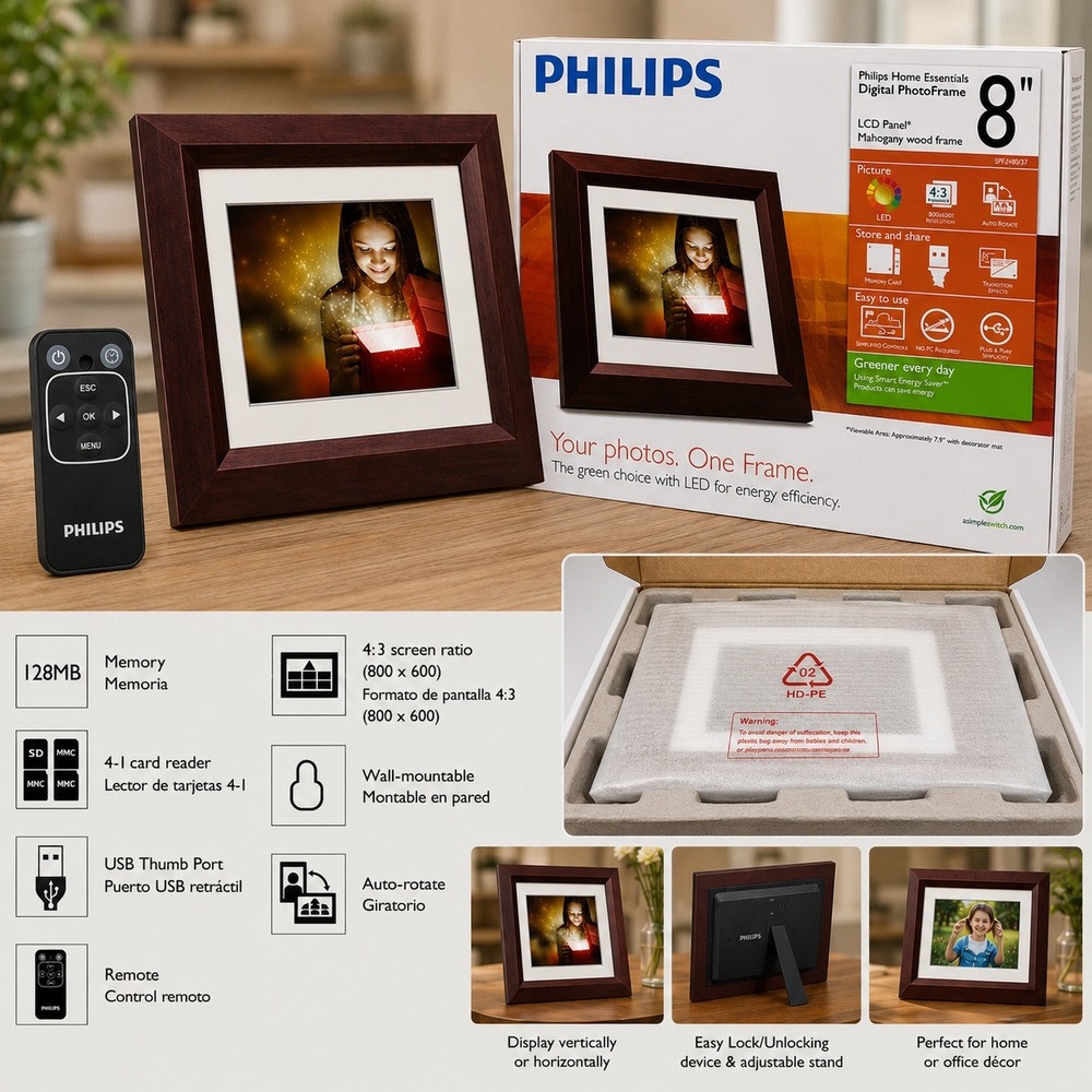 Philips 8 inch Digital Photo Frame Mahogany Wood SPF2480/37 LED 128MB Remote New